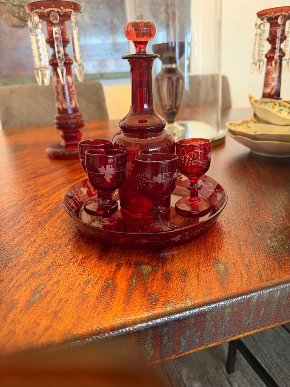 Ruby Red Etched Glass Decanter and Cordial Set
